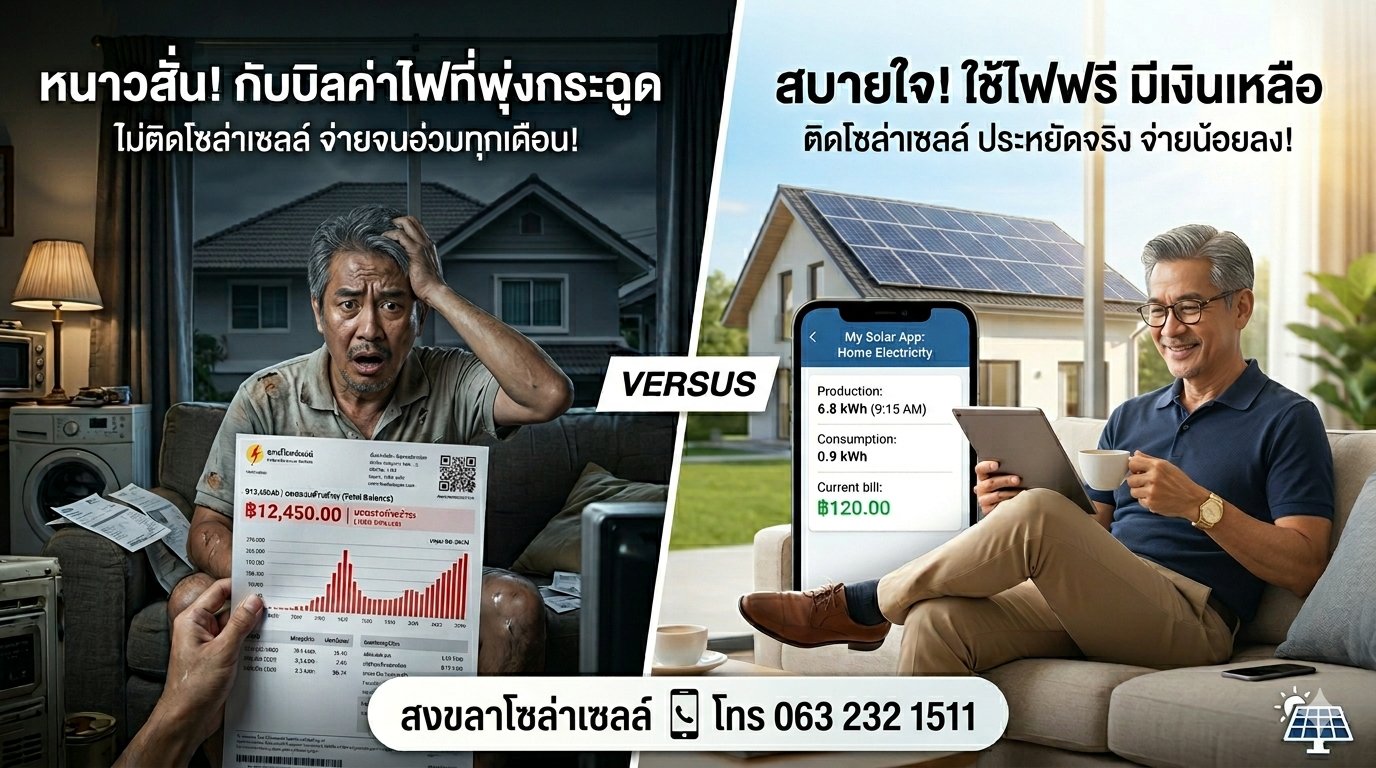 เปรียบเทียบก่อน-หลังติดโซล่าเซลล์ บิลค่าไฟลดลง สงขลาโซล่าเซลล์ โทร 063-232-1511